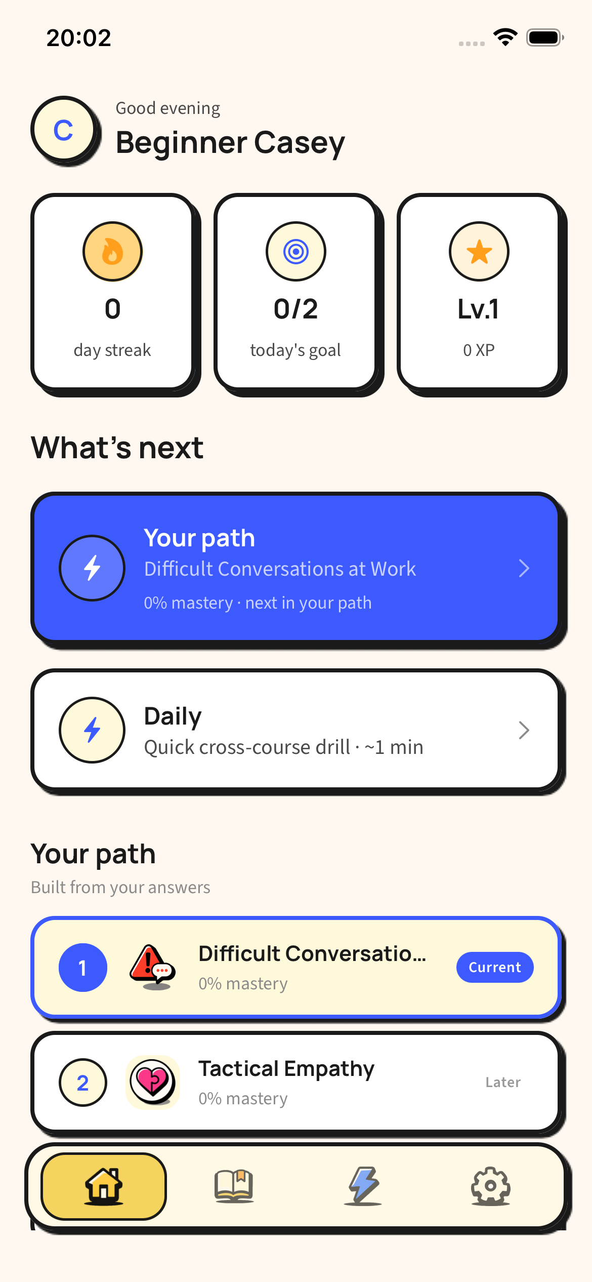 TalkCraft home screen showing day streak, daily goal, level, your path card for Difficult Conversations at Work, and a quick daily drill.