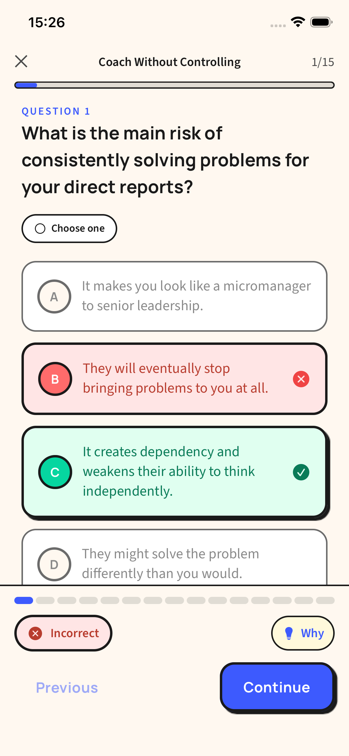 TalkCraft quiz question: 'What is the main risk of consistently solving problems for your direct reports?' with four options, the correct answer highlighted in green and an incorrect one in red.