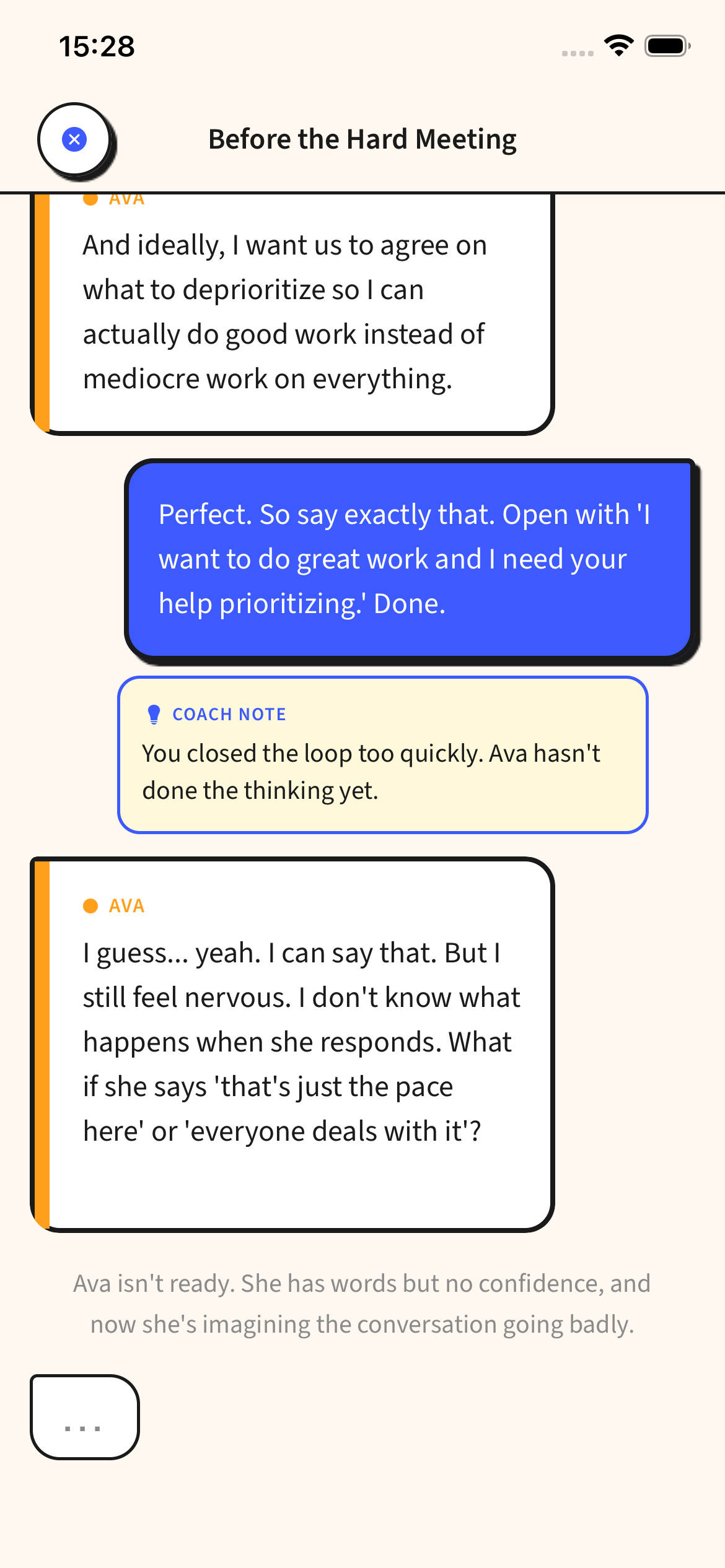 TalkCraft scenario 'Before the Hard Meeting': Ava explains she wants to agree on what to deprioritise, you reply, and a coach note explains why the reply landed too soon.