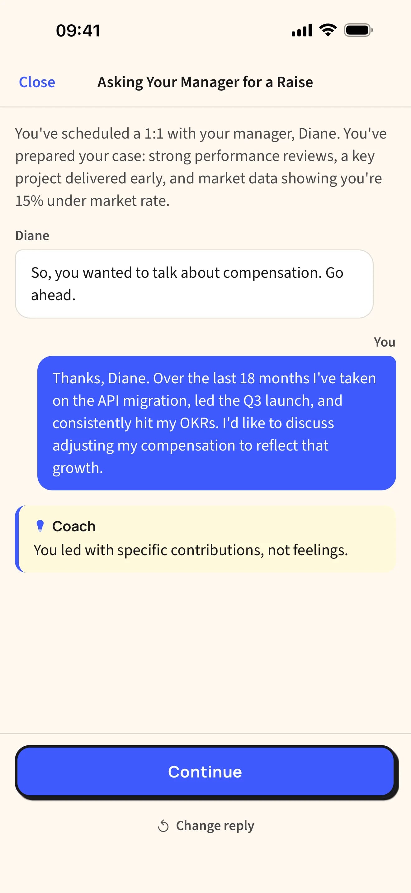 TalkCraft conversation “Asking Your Manager for a Raise”: Diane says “So, you wanted to talk about compensation. Go ahead.”, you reply with your specific contributions, and a yellow Coach note says “You led with specific contributions, not feelings.”