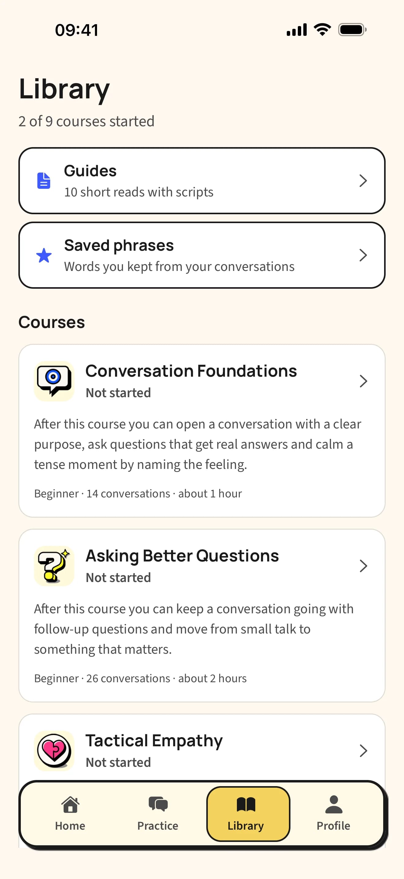 TalkCraft Library: guides with scripts, saved phrases, and courses including Conversation Foundations, Asking Better Questions and Tactical Empathy.
