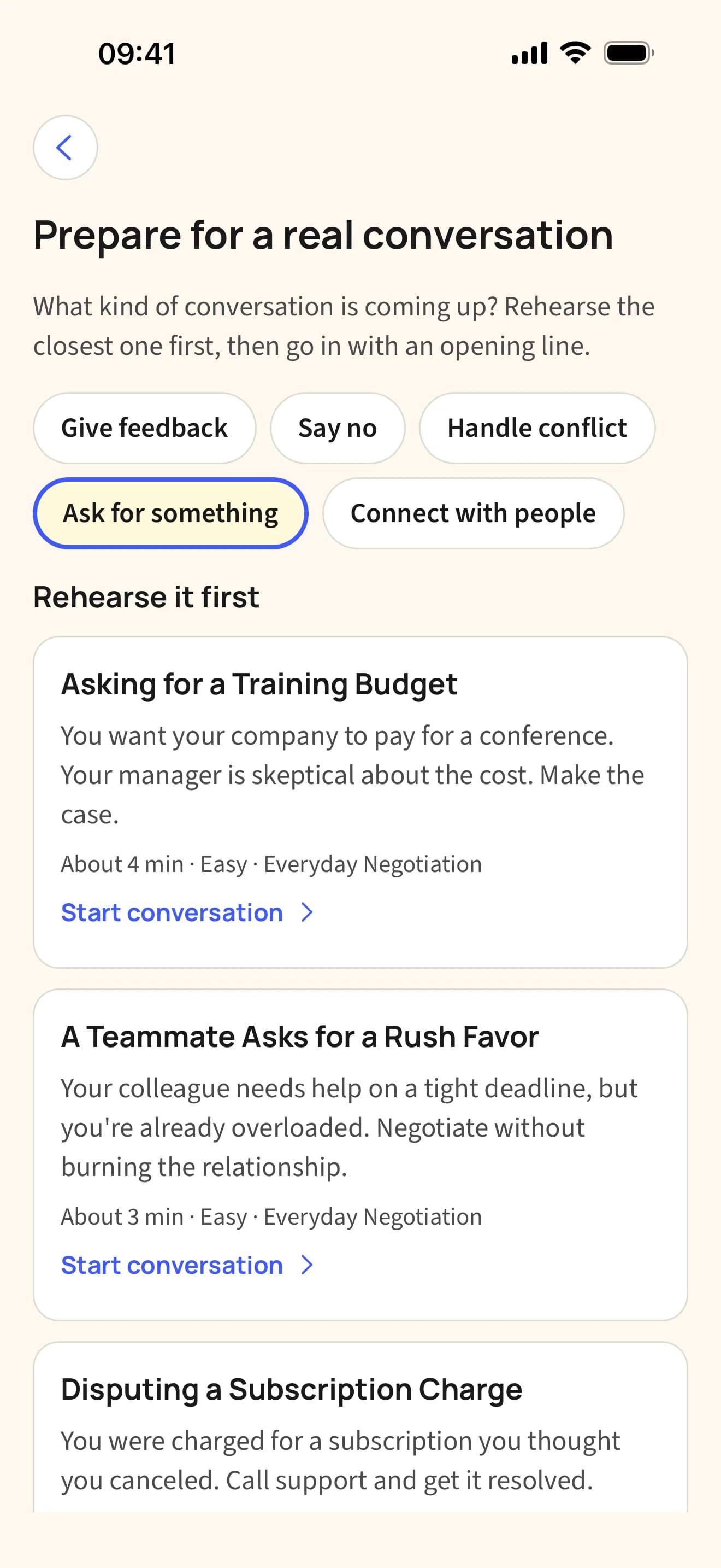 TalkCraft “Prepare for a real conversation” screen: choose the kind of conversation coming up, such as Give feedback, Say no or Ask for something, then rehearse a matching scenario.