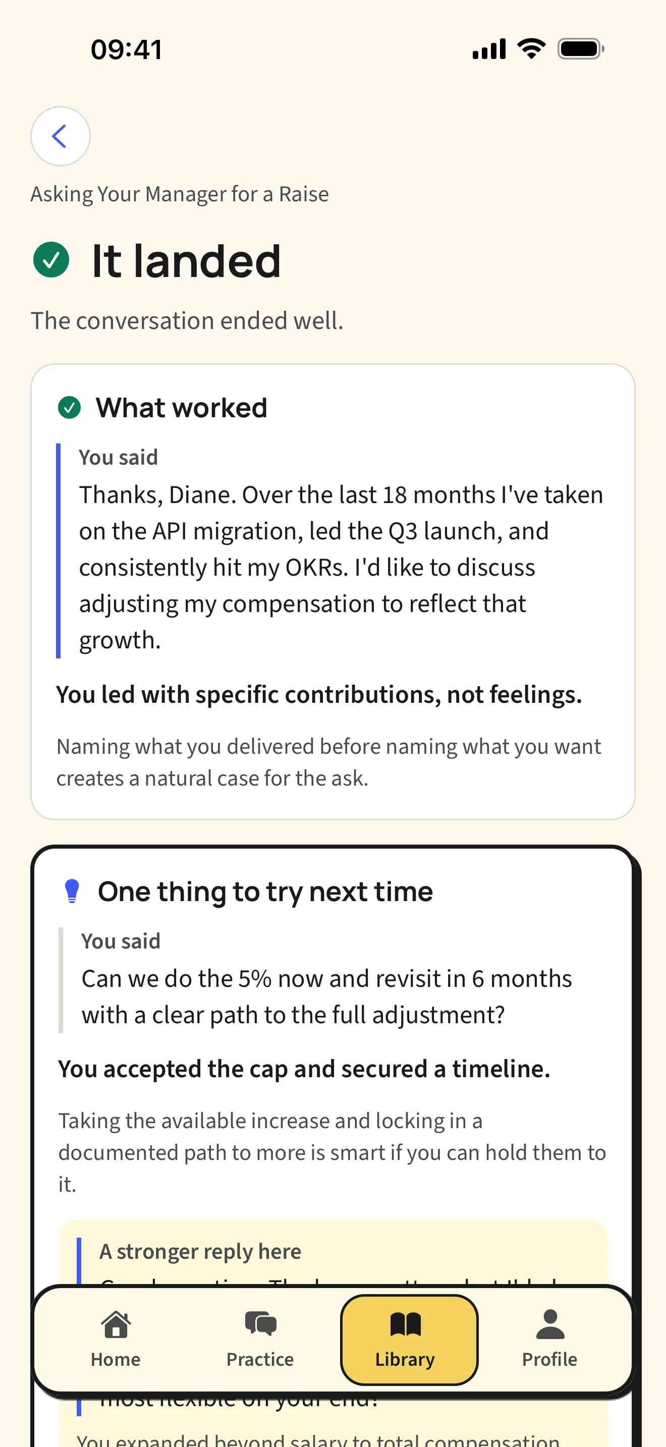 TalkCraft conversation result “It landed”: a “What worked” card quotes your reply and explains why it worked, followed by “One thing to try next time”.