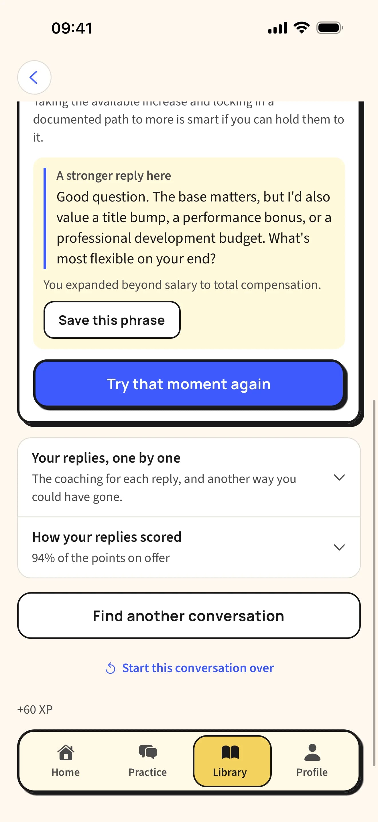 TalkCraft result screen showing “A stronger reply here” with a better way to answer Diane, a Save this phrase button and a “Try that moment again” button.