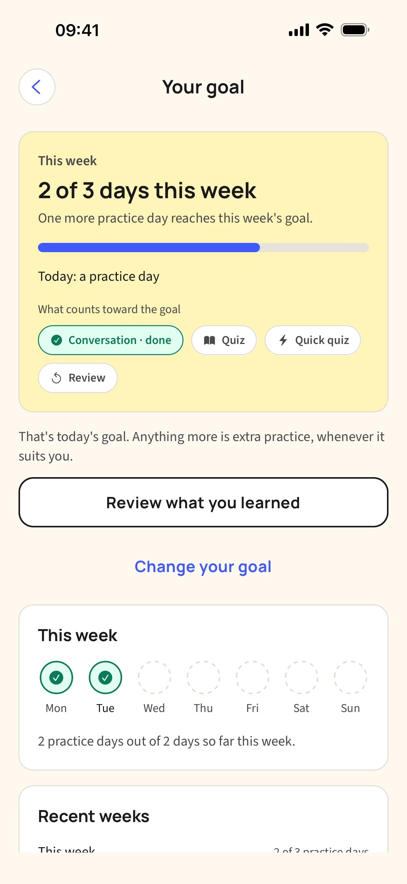 TalkCraft weekly goal screen: “2 of 3 days this week” with a progress bar, what counts toward the goal, and practice days checked for Monday and Tuesday.